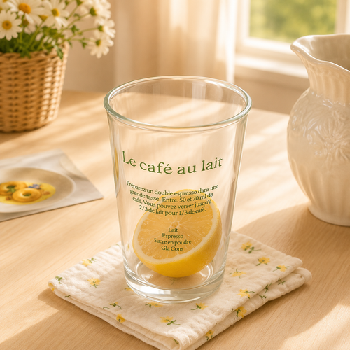 French Lemon Printed Glass Cup | Le Café au Lait Coffee Glass | Clear Borosilicate Milk & Juice Tumbler | Vintage Drinking Glass for Iced Coffee & Beverages